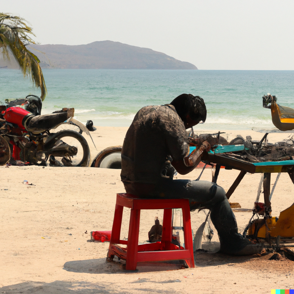 tranquil beach. On the beach a repair station is arranged where a skilled repairman works on a mechanical device.